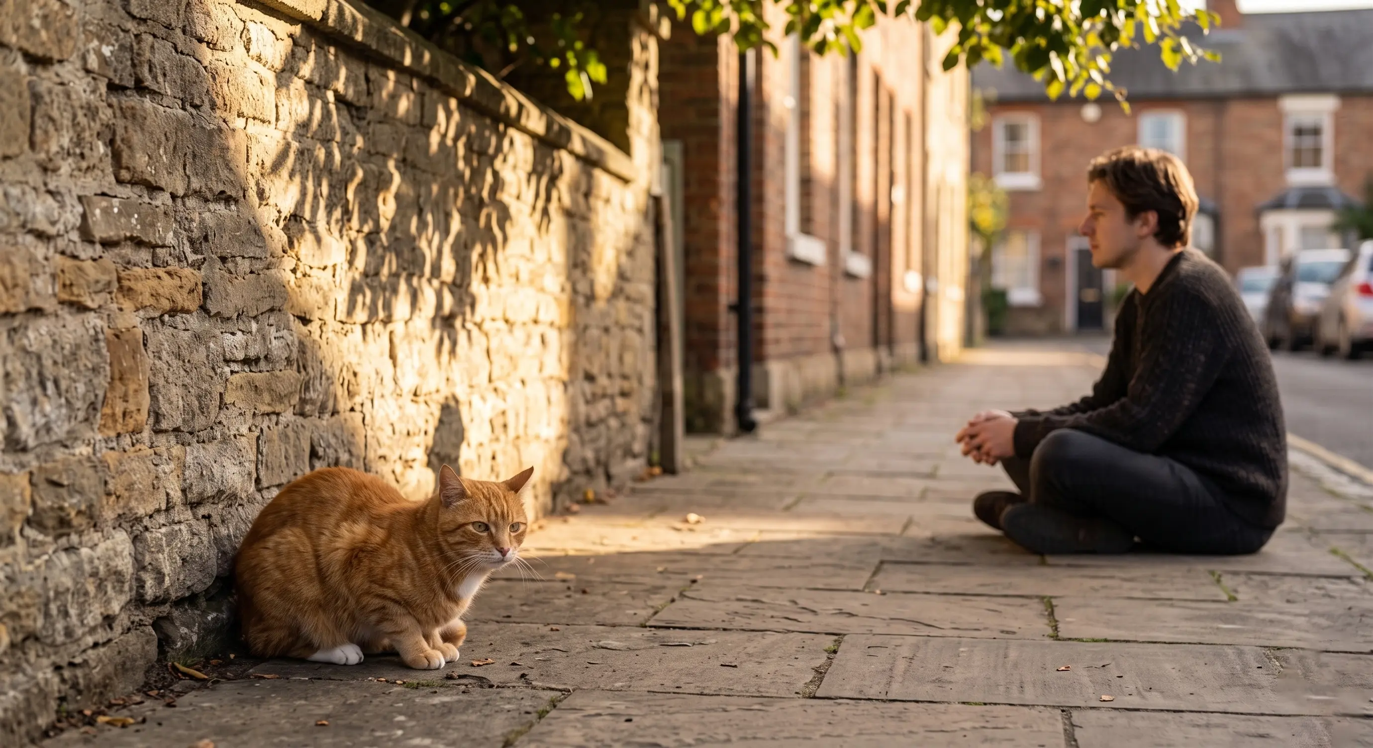 Chat tigré roux tapi contre un mur en pierre, observant une personne assise au sol à bonne distance : illustration de la distance de fuite