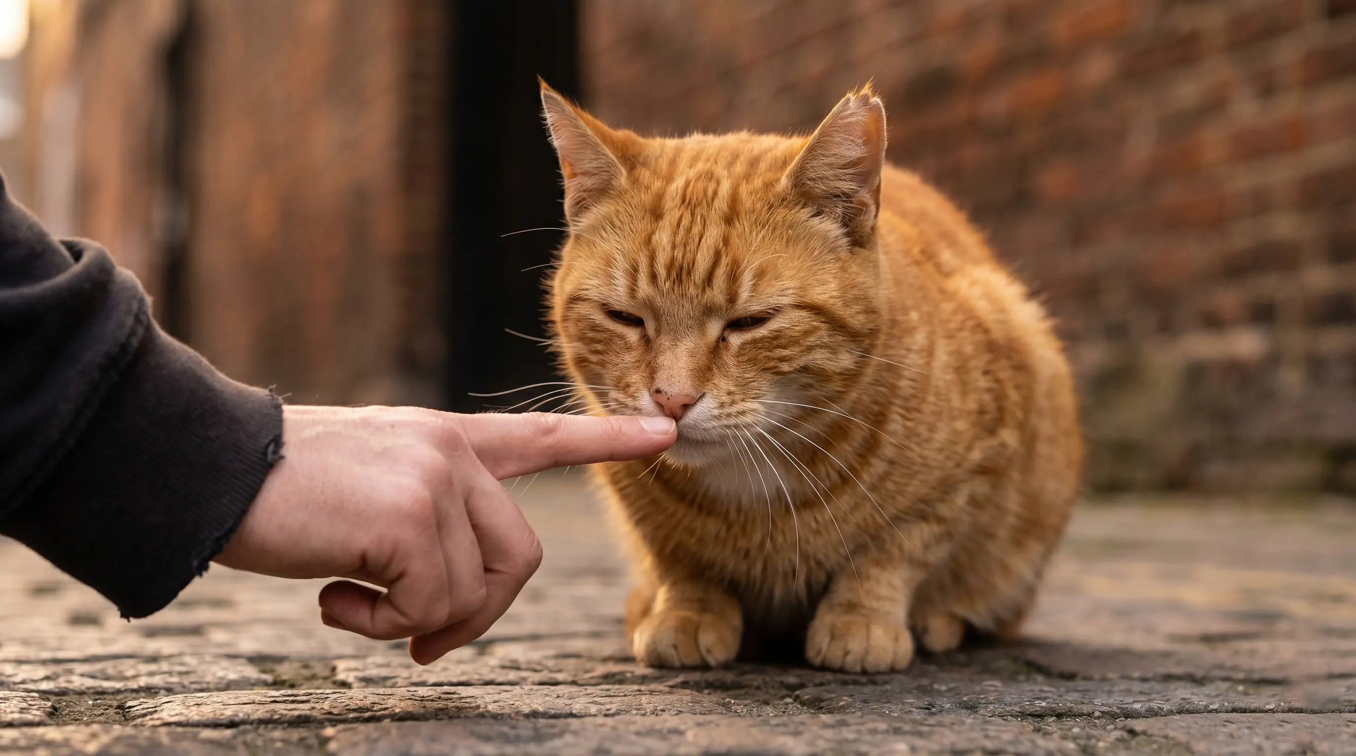 premier contact réussi avec un chat sauvage : le chat touche le doigt tendu avec un slow blink