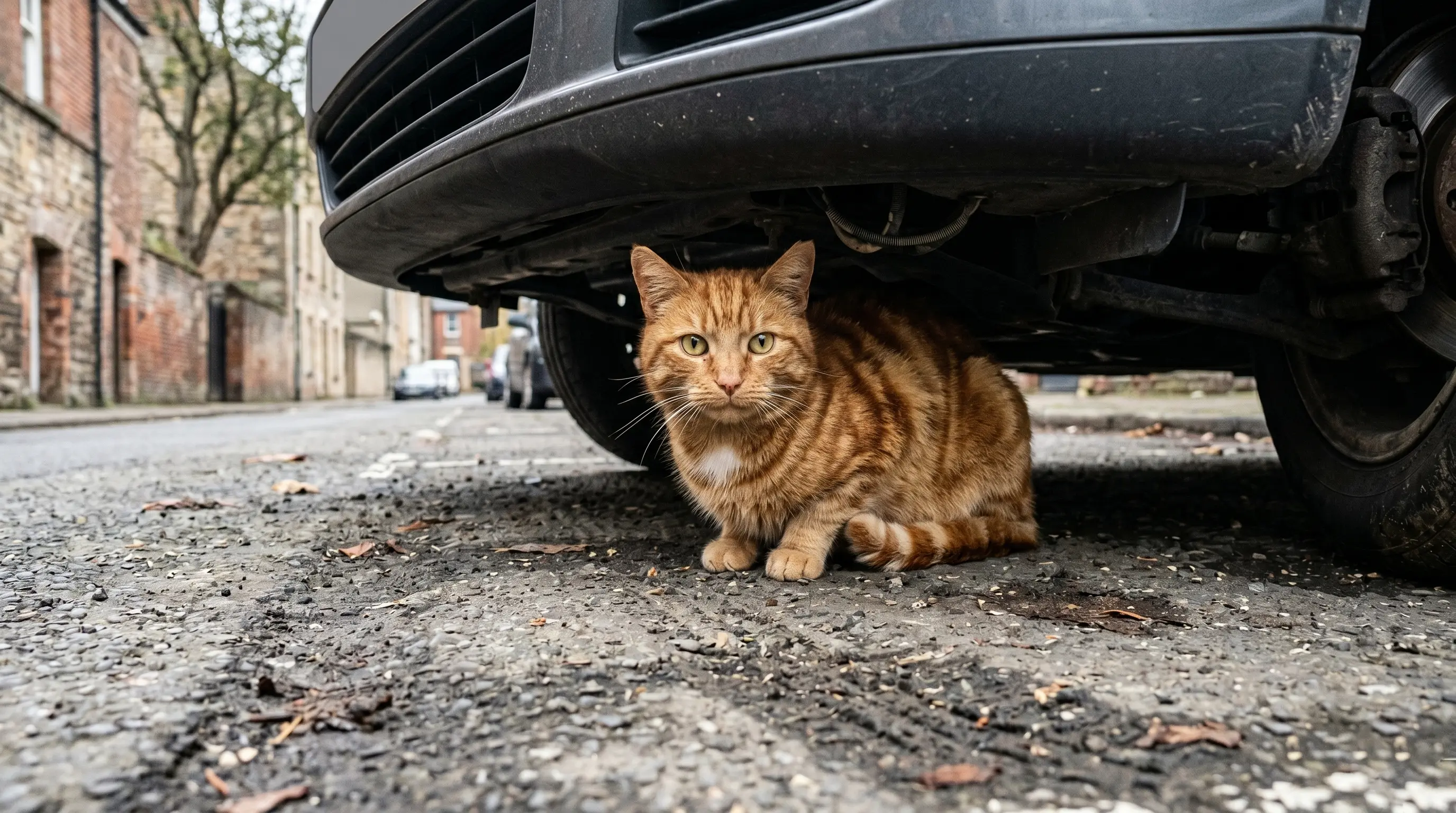 chat roux errant caché sous une voiture dans une ruelle déserte — comment apprivoiser un chat sauvage