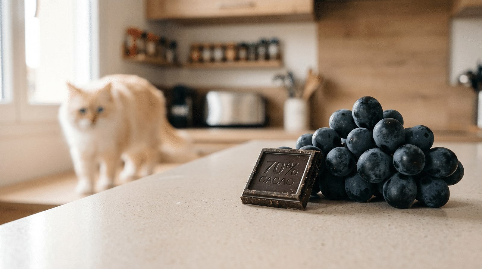 Grappe de raisin noir et carré de chocolat noir sur un comptoir, avec un chat curieux en arrière-plan flou