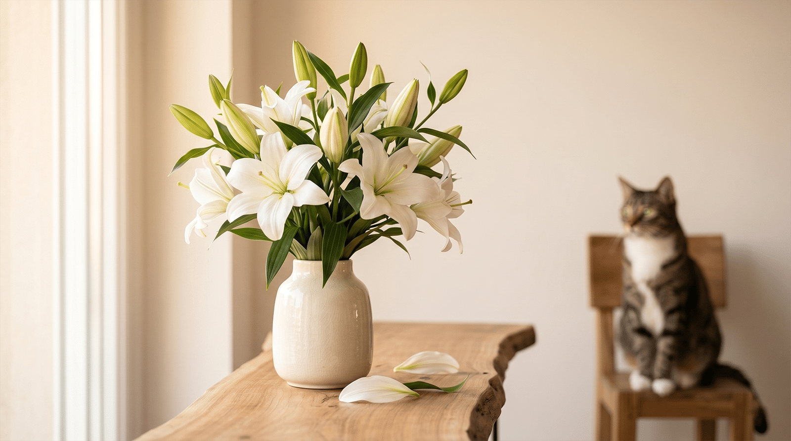 Bouquet de lys blancs en vase sur une console avec un chat tigré en arrière-plan : plantes d'intérieur dangereuses, aliments toxiques pour le chat