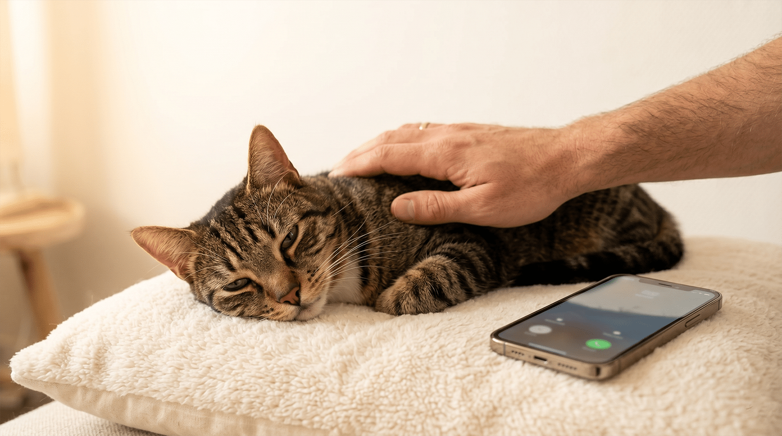 Main qui rassure un chat tigré allongé près d'un téléphone : protocole urgence en cas d'ingestion d'aliments toxiques pour le chat
