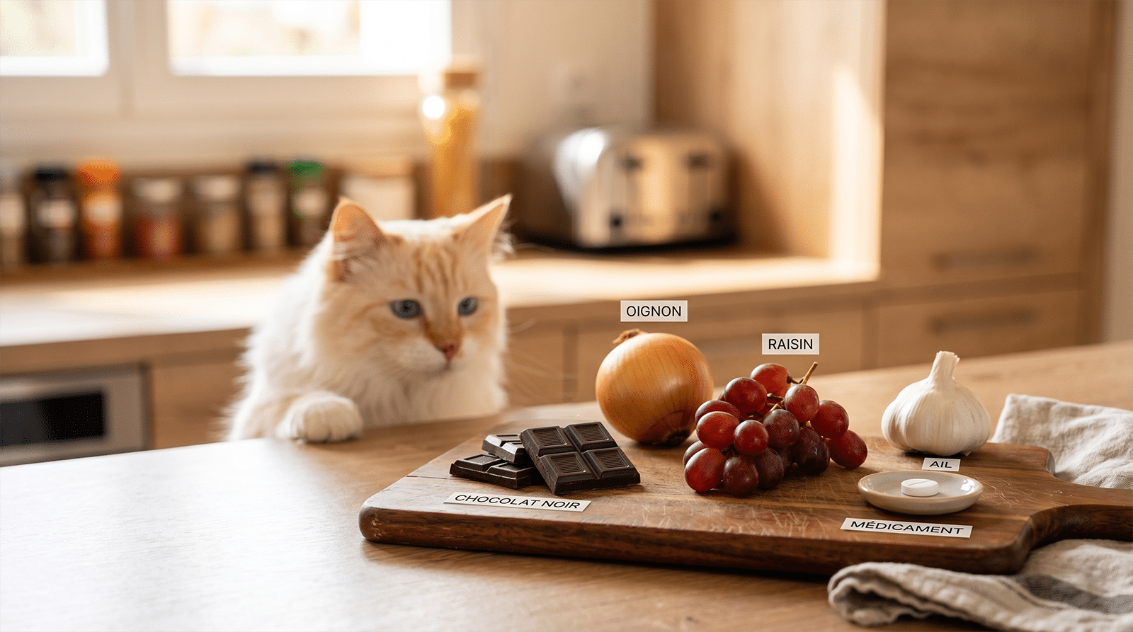 Aliments toxiques pour le chat exposés sur une planche en bois : chocolat, oignon, raisin et ail