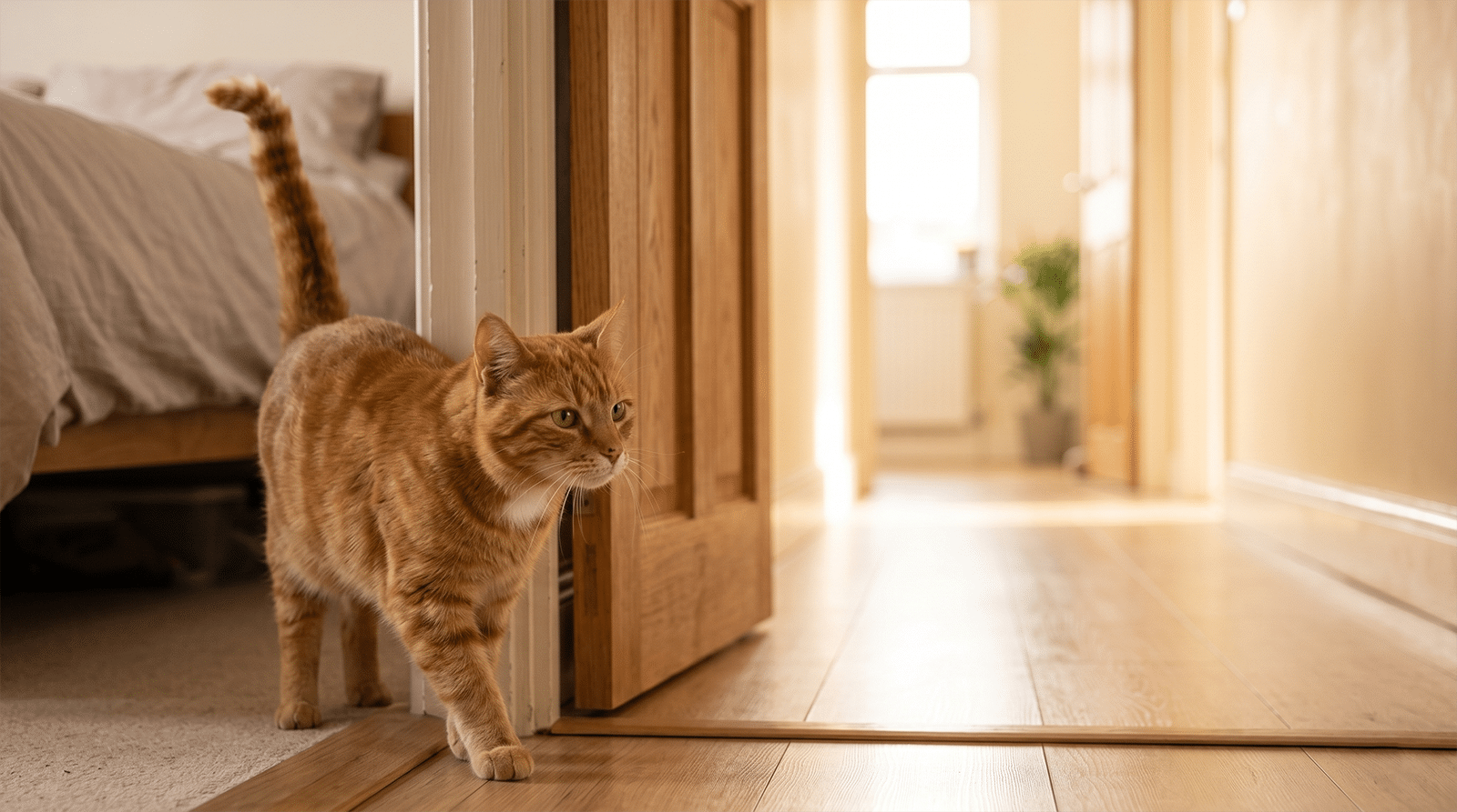 Chat tigré roux qui franchit prudemment le seuil d'une porte : élargir le territoire d'un chat craintif adopté