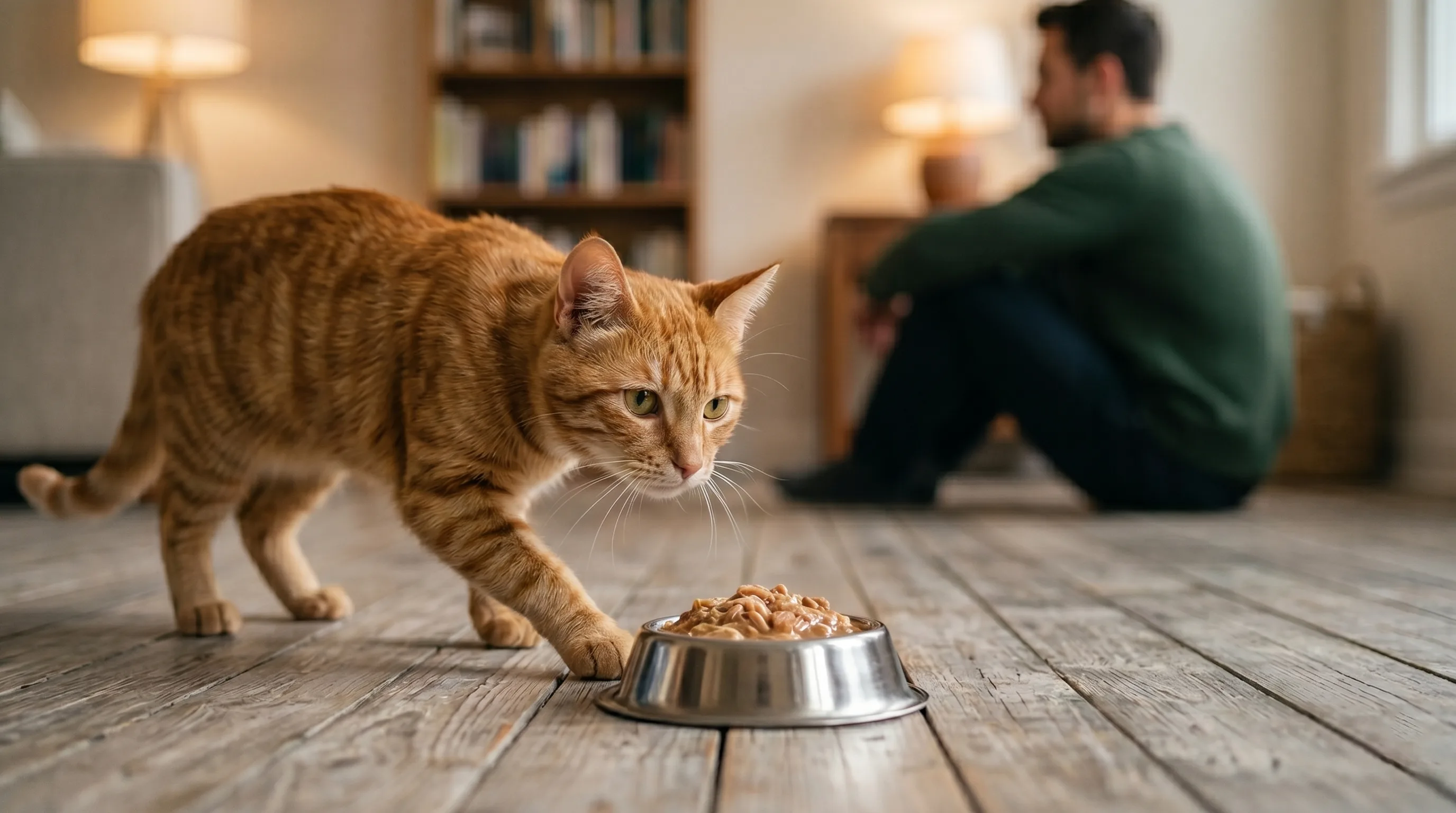 Chat s'approchant de sa gamelle, propriétaire assis en retrait, technique de désensibilisation progressive