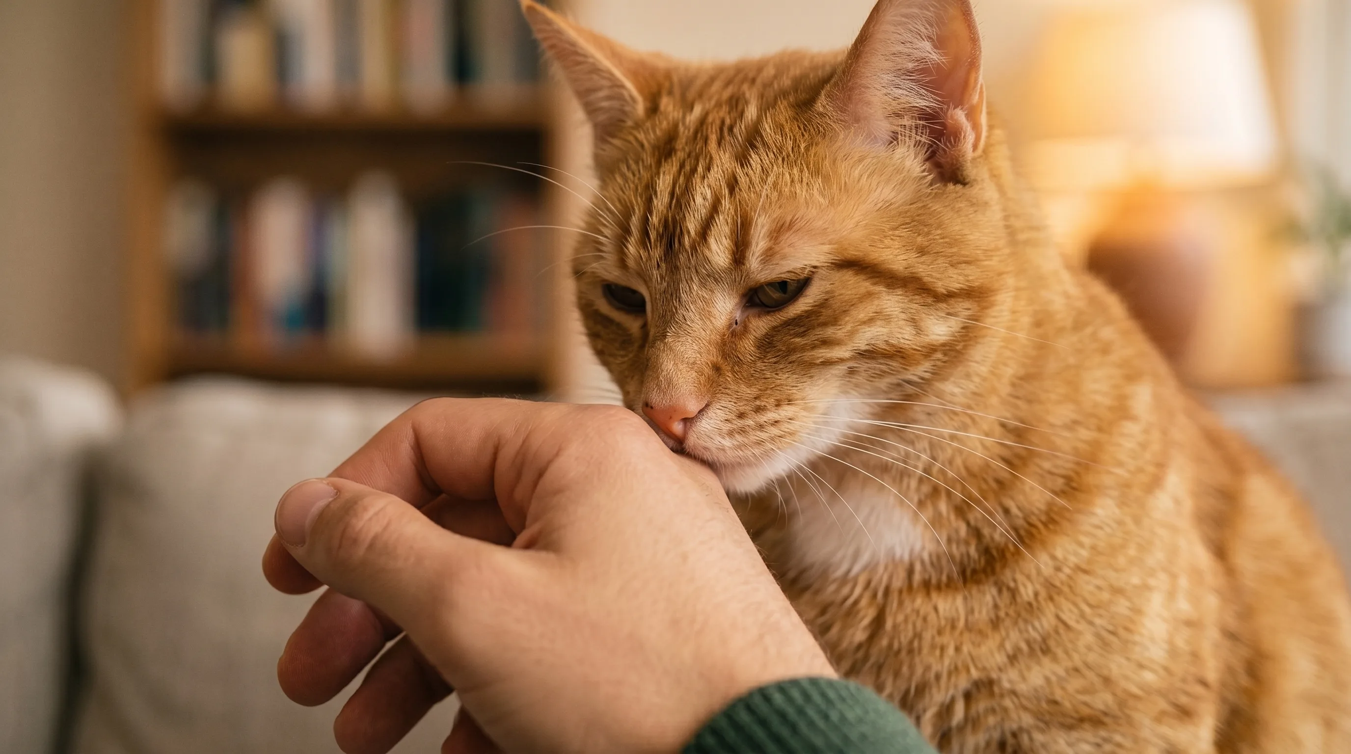 Chat reniflant un poing fermé tendu vers lui, premier contact avec un chat craintif