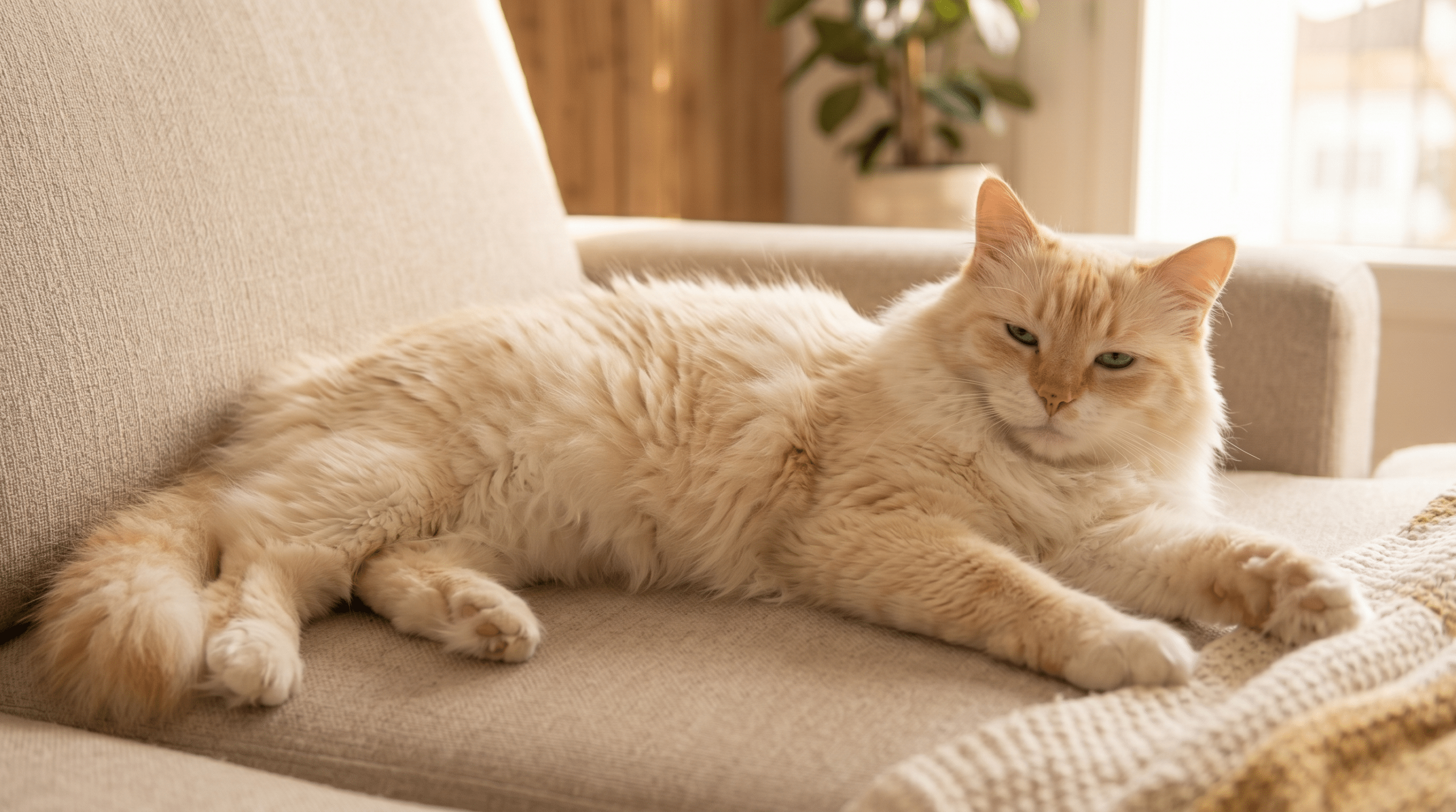 Chat détendu sur le canapé, pattes ramenées et ventre exposé, posture de confiance dans le langage corporel du chat