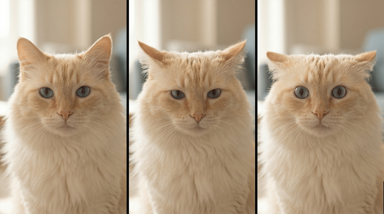 Positions des oreilles du chat : attentif (gauche), irrité (centre), apeuré (droite)