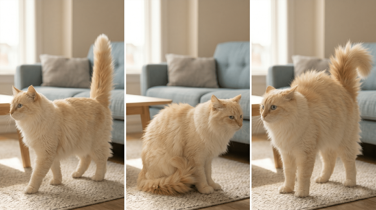 Positions de la queue du chat : queue dressée (confiance), queue basse (inconfort), queue hérissée (alerte)