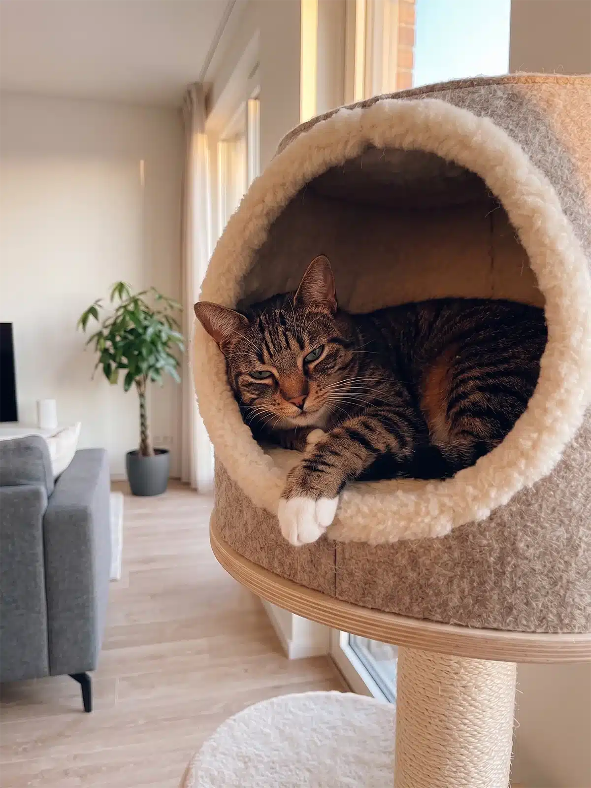 Chat détendu dans sa cachette sur un arbre à chat, yeux mi-clos