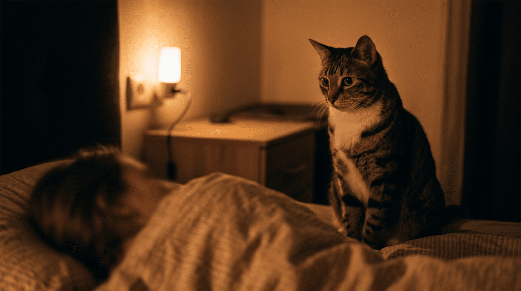 Chat tigré assis sur le bord d'un lit qui fixe son humain endormi la nuit : pourquoi mon chat me réveille la nuit pour manger