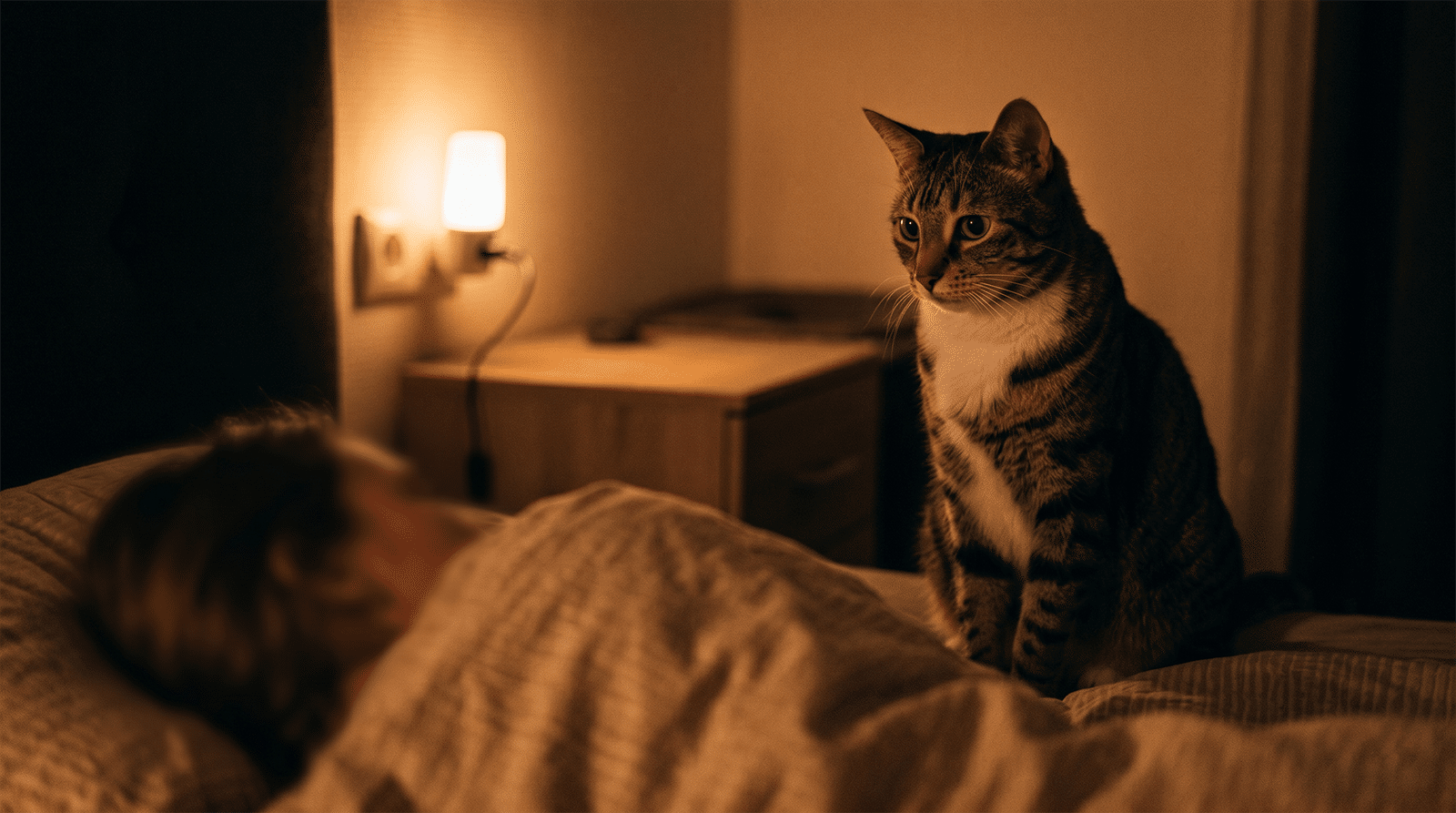 Chat tigré assis sur le bord d'un lit qui fixe son humain endormi la nuit, pourquoi mon chat me réveille la nuit pour manger