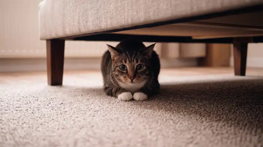 Chat stressé tapi sous un lit, oreilles aplaties et pupilles dilatées