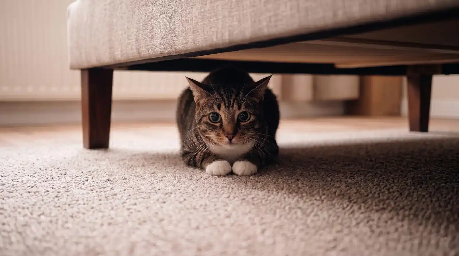 Chat stressé tapi sous un lit, oreilles aplaties et pupilles dilatées