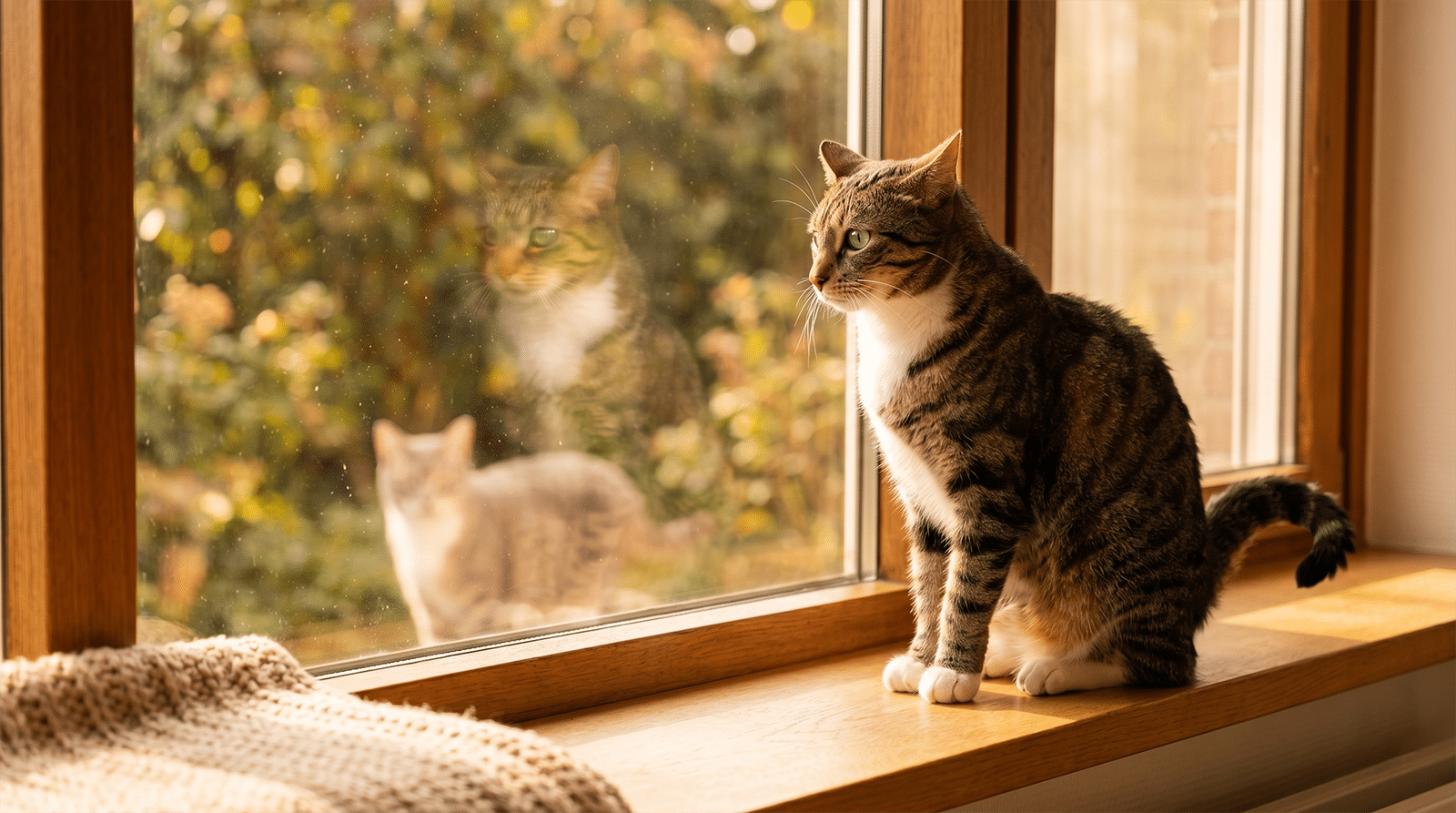 Chat tigré tendu à la fenêtre observant un chat extérieur : cause de stress chez le chat liée au territoire