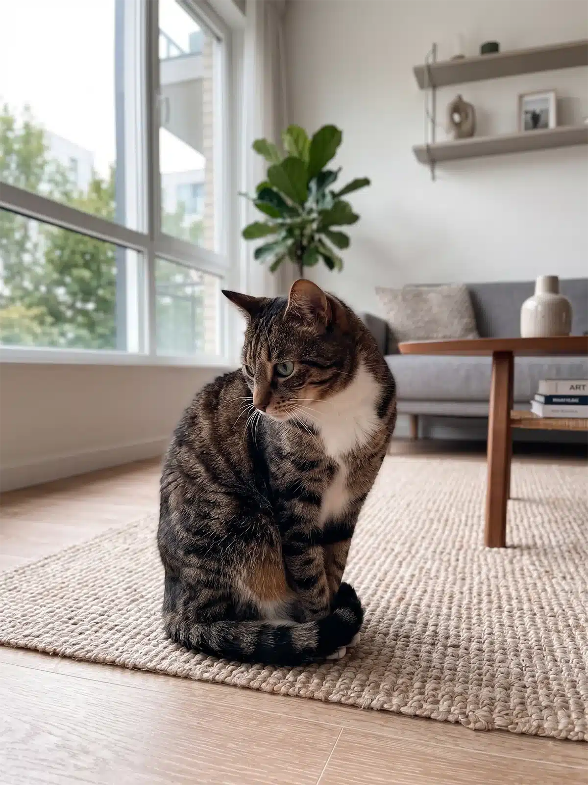 Chat stressé en boule, queue enroulée autour du corps et regard fuyant