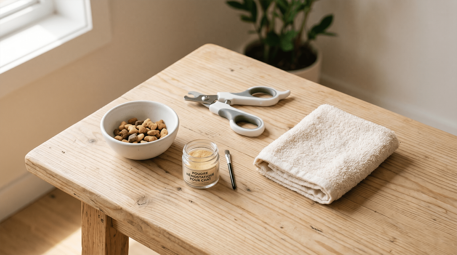 Coupe-griffes pour chat, poudre hémostatique et friandises disposés sur une table en bois clair