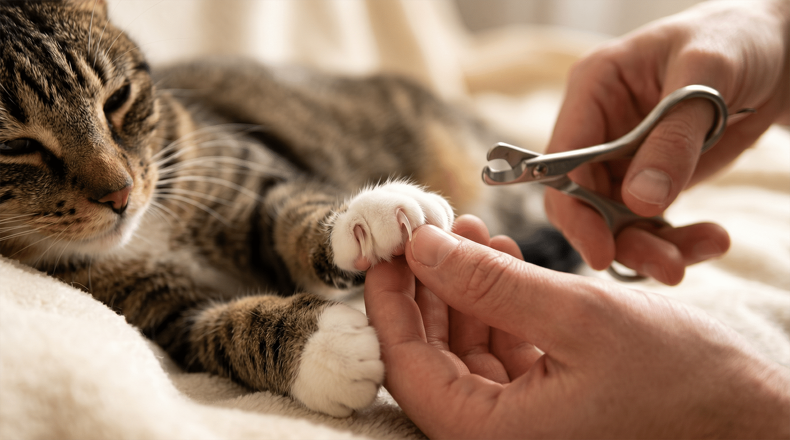 Main qui presse le coussinet d'un chat tigré pour faire sortir la griffe, coupe-griffes en attente : méthode douce pour couper les griffes du chat