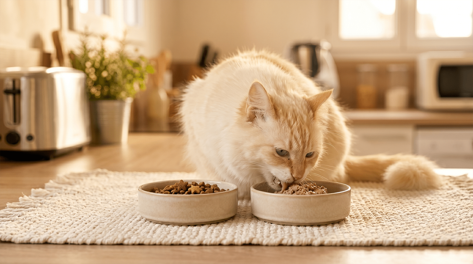 Chat roux qui mange à deux gamelles séparées dans une cuisine baignée de lumière chaude, bi-nutrition pratique au quotidien
