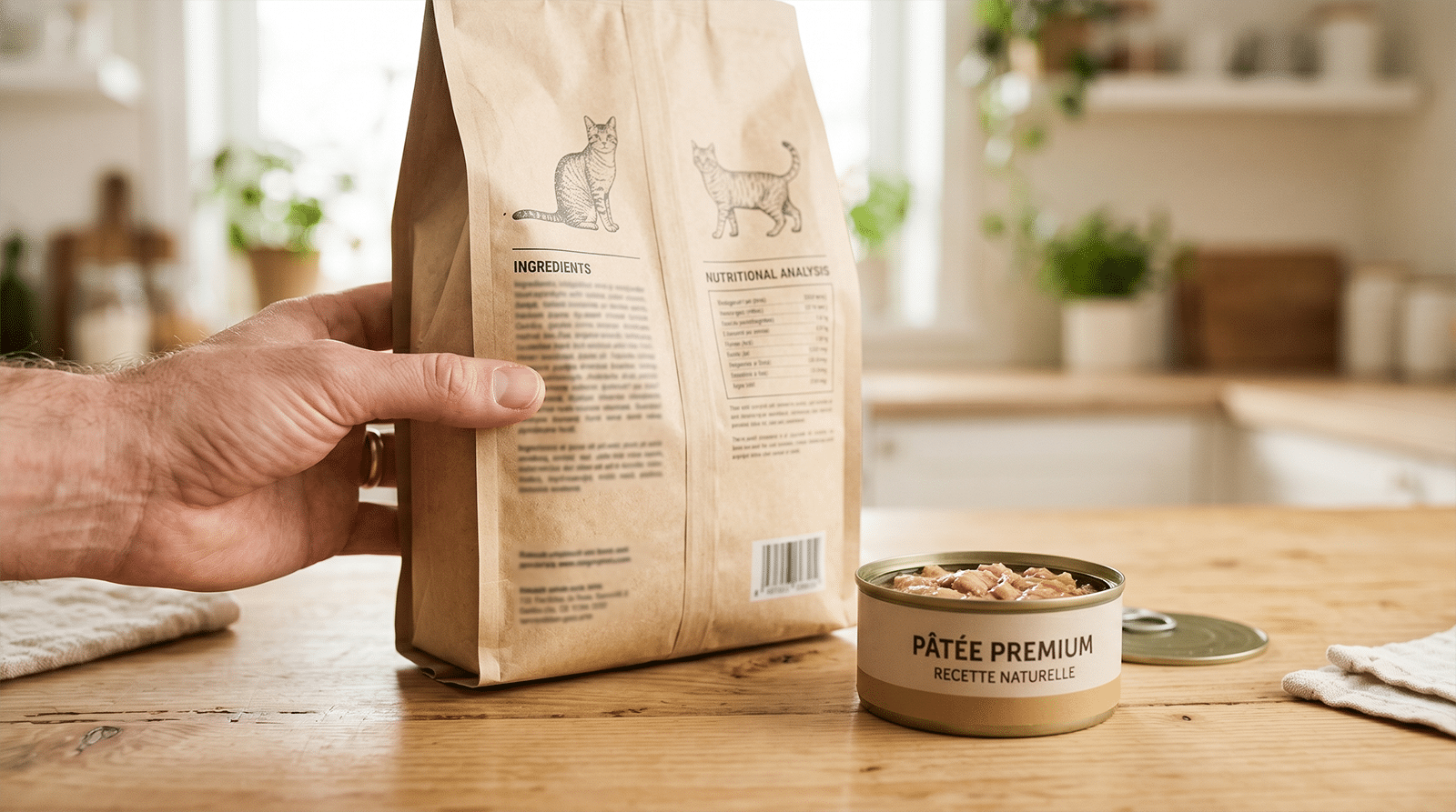 Main qui tient un sac de croquettes premium tourné vers le tableau d'analyse nutritionnelle, à côté d'une boîte de pâtée premium