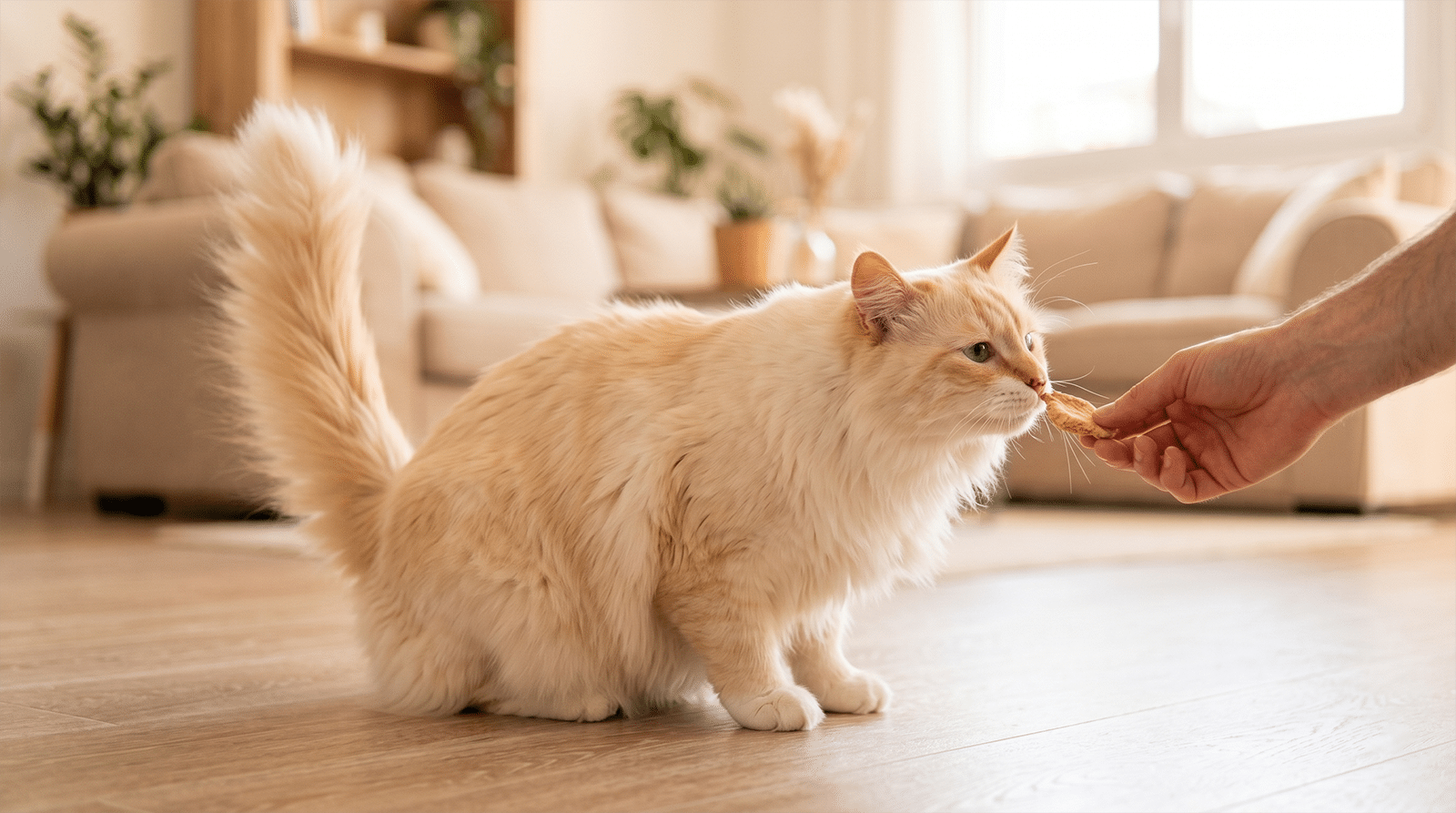 Chat roux qui reçoit une petite friandise d'une main humaine dans un salon clair