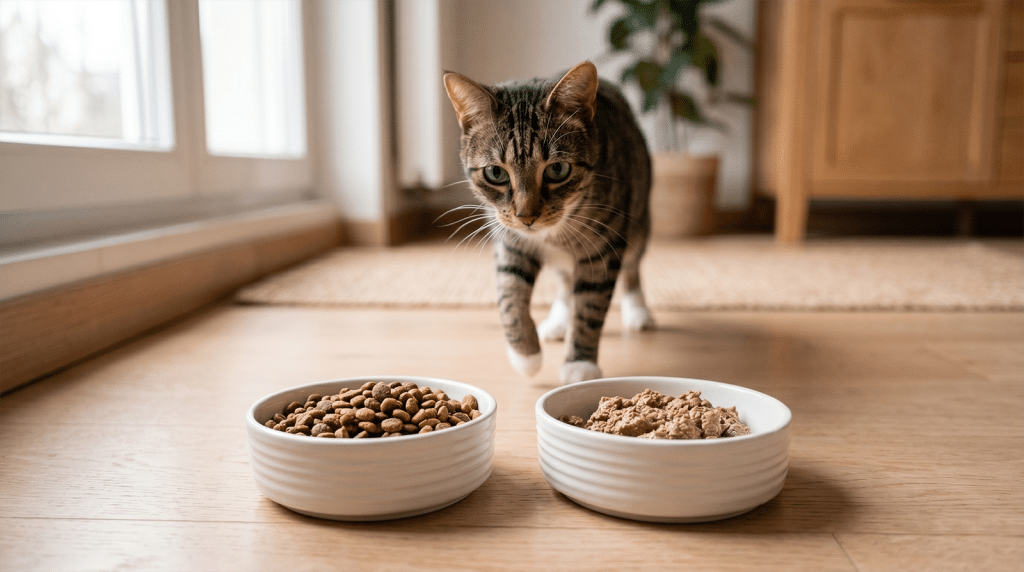 Croquettes ou pâtée pour chat : deux gamelles côte à côte sur un sol clair
