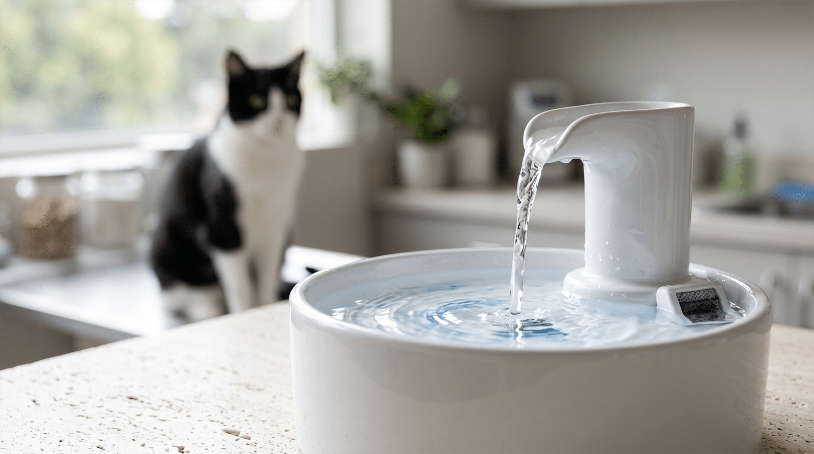 Fontaine à eau en céramique en fonctionnement avec chat noir et blanc qui observe : faire boire un chat avec une fontaine