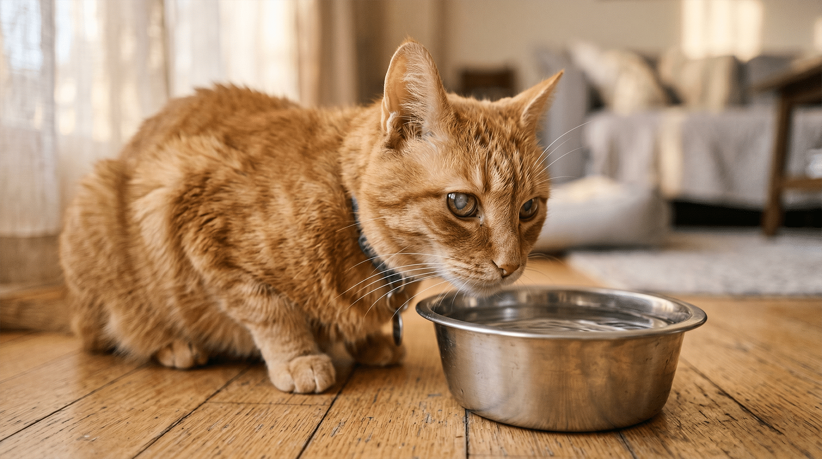 Chat senior roux près d'une gamelle d'eau en inox : hydratation chat senior IRC faire boire un chat