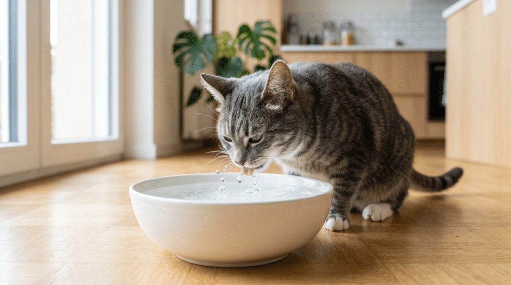 Chat tigré gris qui boit dans un large bol en céramique blanche : faire boire un chat hydratation féline
