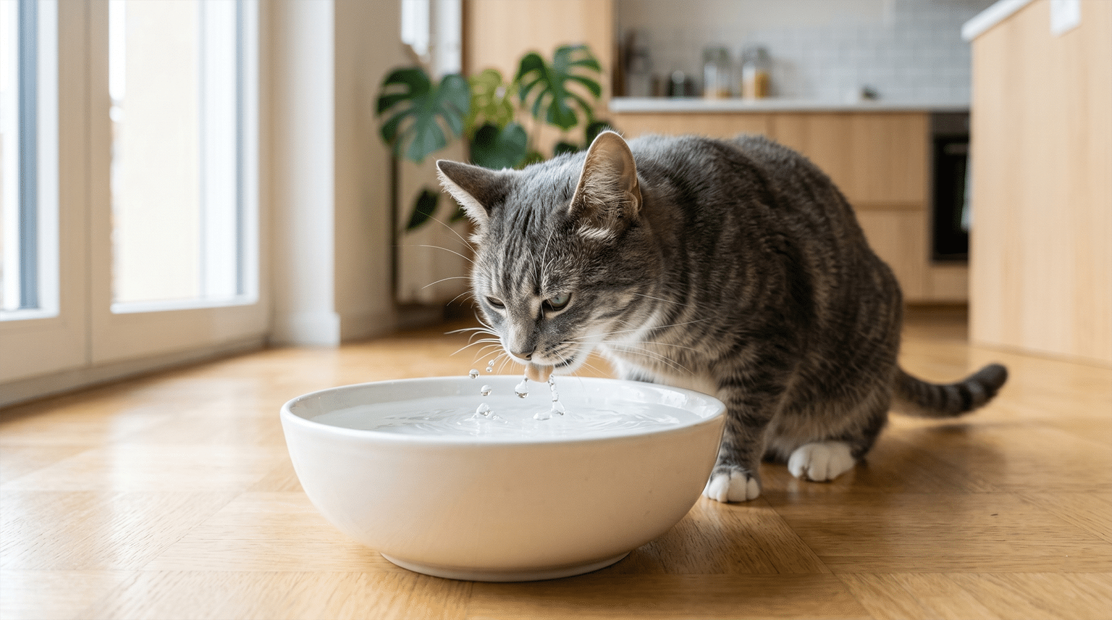 Chat tigré gris qui boit dans un large bol en céramique blanche : faire boire un chat hydratation féline