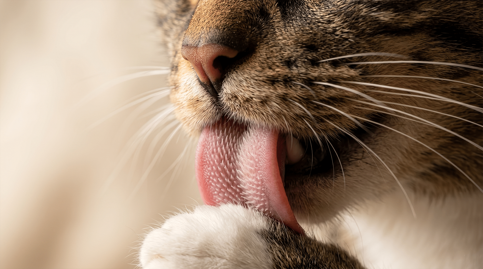 Macro langue de chat tigré papilles cornées visibles, fait surprenant chat ne goûte pas le sucré
