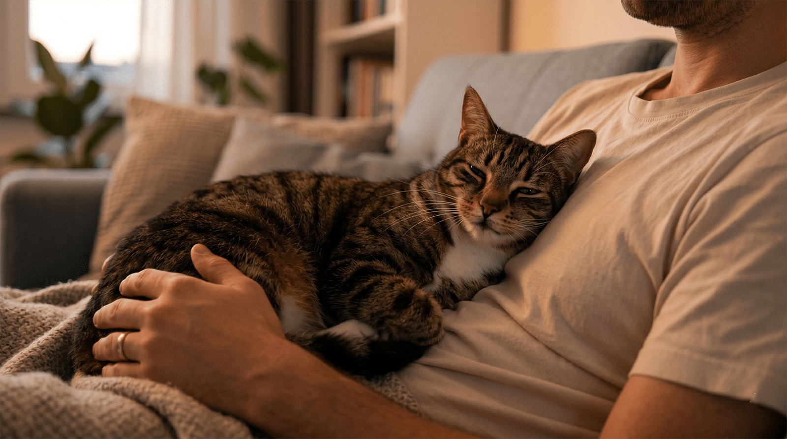 Chat noir et blanc qui ronronne sur la poitrine de son humain, fait surprenant fréquence du ronronnement 25-150 Hz