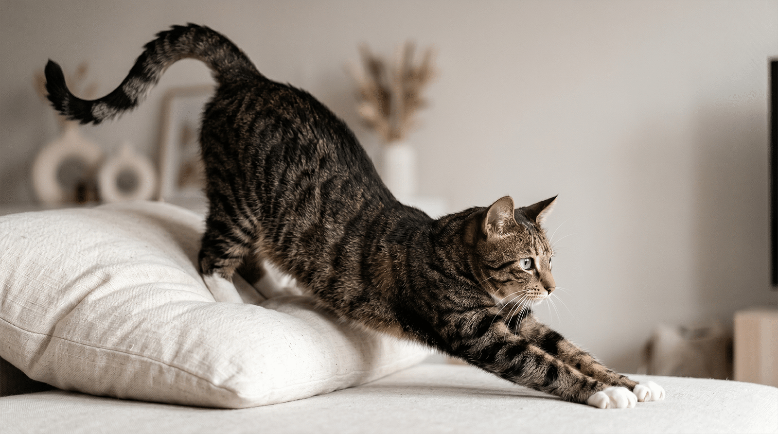 Chat tigré en pleine extension corps arqué pattes tendues, fait surprenant 230 os squelette du chat