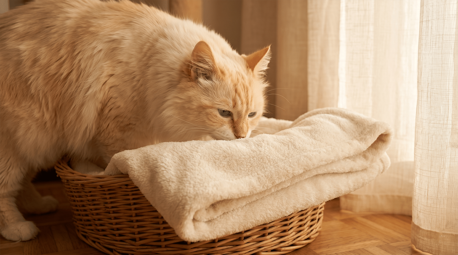 Chat qui renifle un plaid imprégné de l'odeur de l'autre chat, protocole introduire nouveau chat phase échange odeurs