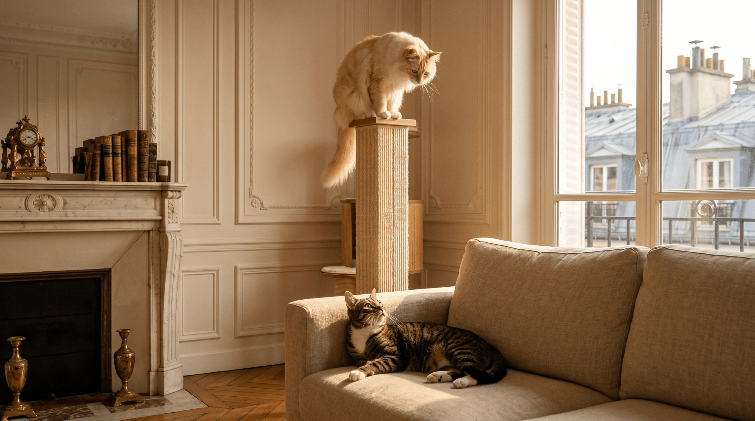 Chat en hauteur observant un autre chat sur le canapé, signaux à surveiller introduire nouveau chat