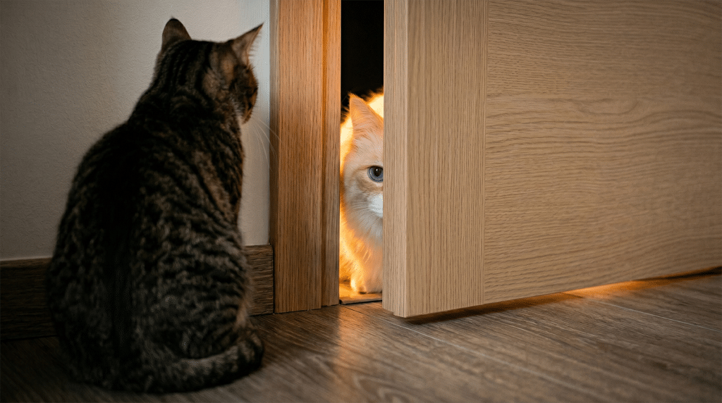 Deux chats curieux qui se regardent à travers une porte entrouverte, étape de contact visuel pour introduire un nouveau chat