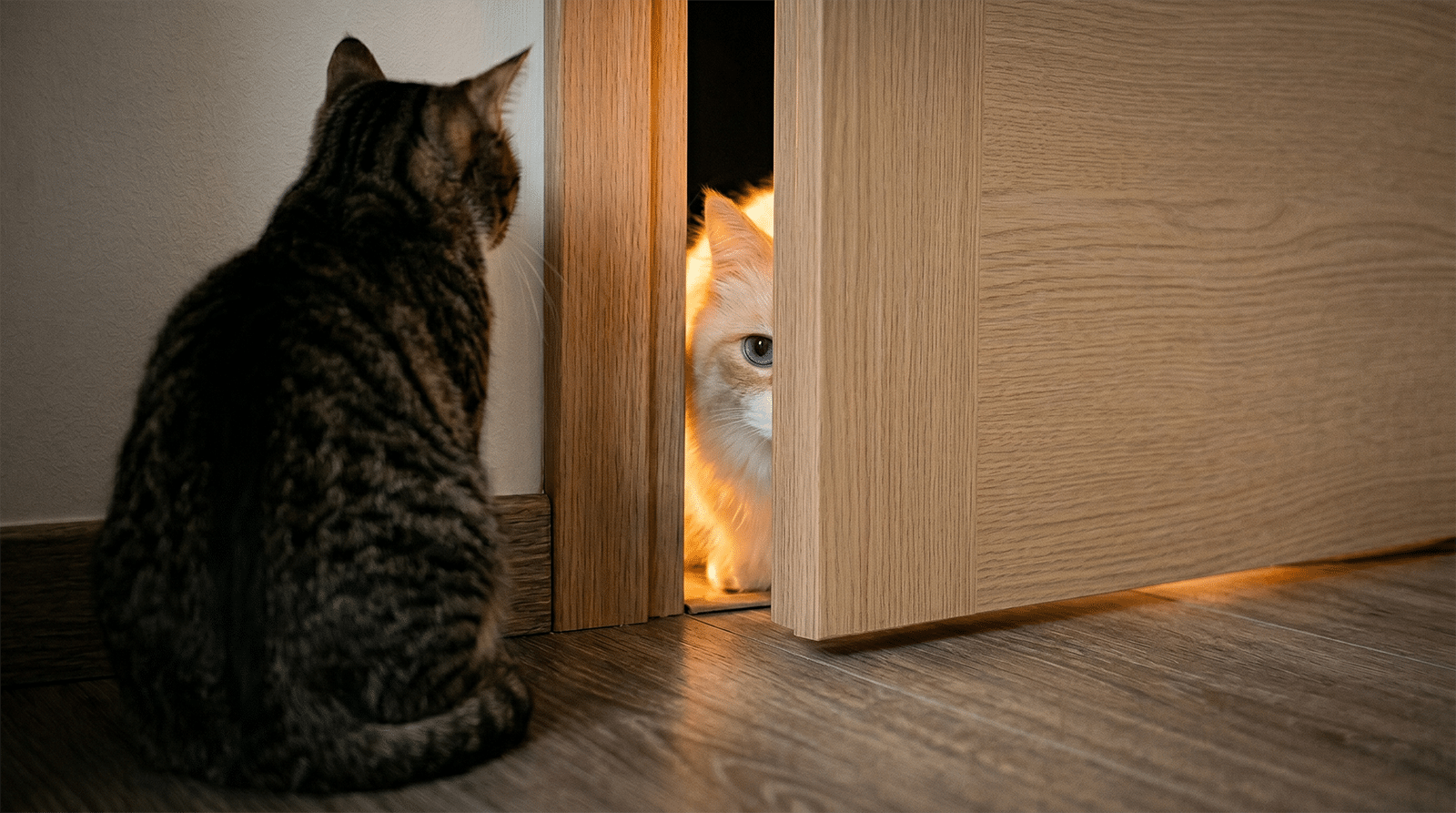 Deux chats curieux qui se regardent à travers une porte entrouverte, étape de contact visuel pour introduire un nouveau chat