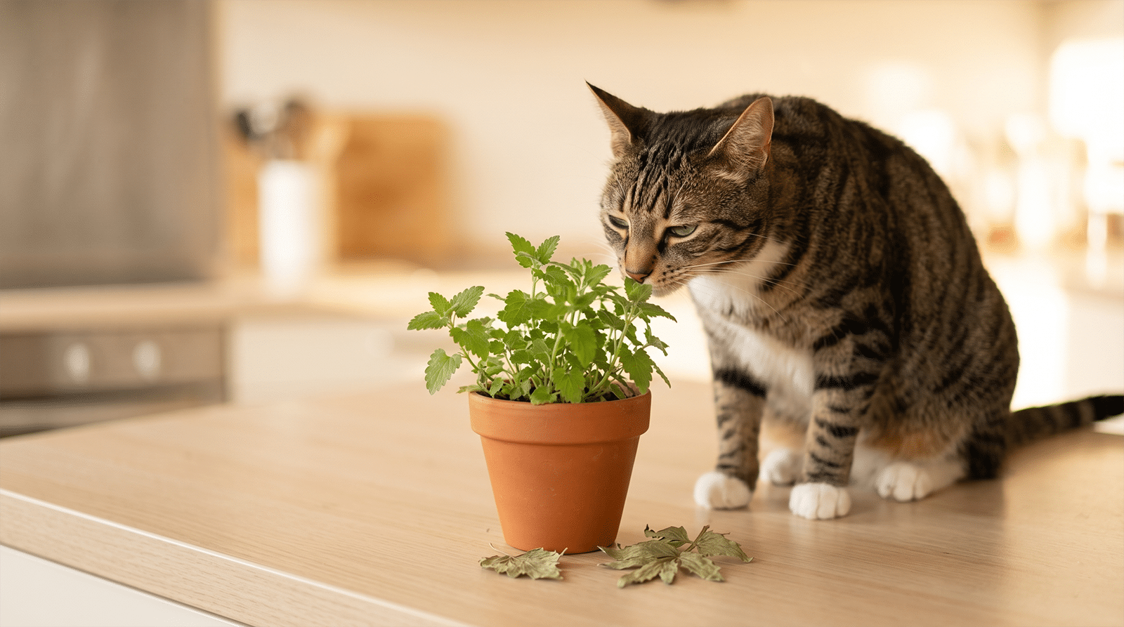 Chat tigré gris reniflant de la menthe à chat fraîche et de la valériane : odeurs que les chats adorent