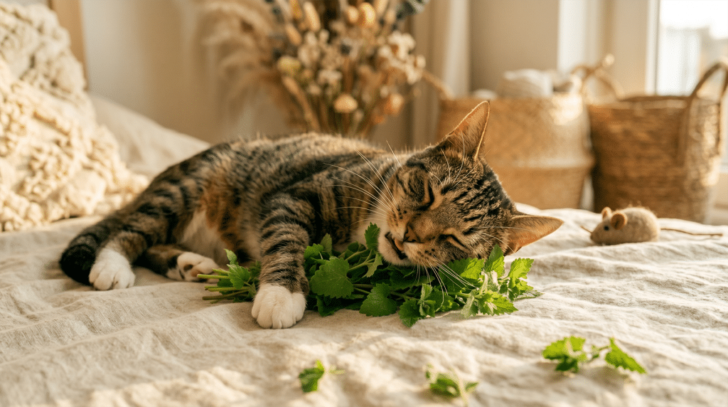 Odeurs que les chats adorent : chat tigré en extase, museau dans un bouquet d'herbe à chat fraîche