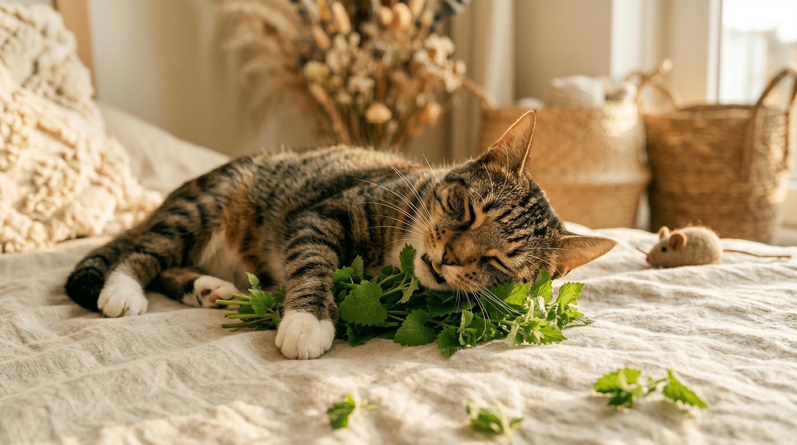 Odeurs que les chats adorent : chat tigré en extase, museau dans un bouquet de menthe à chat fraîche