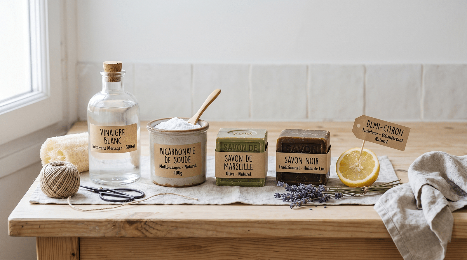 Composition de produits ménagers naturels sûrs : vinaigre blanc, bicarbonate, savon noir, savon de Marseille