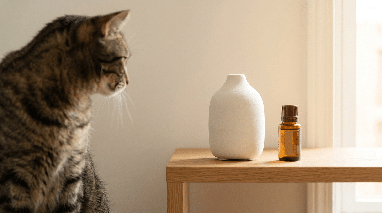 Diffuseur d'huile essentielle éteint, chat tigré à distance : huiles essentielles, odeurs que les chats détestent et toxiques
