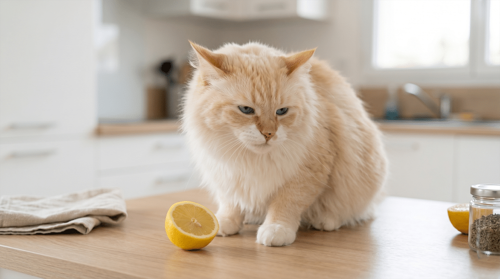 Odeurs que les chats détestent : chat tigré qui grimace face à un citron coupé en deux
