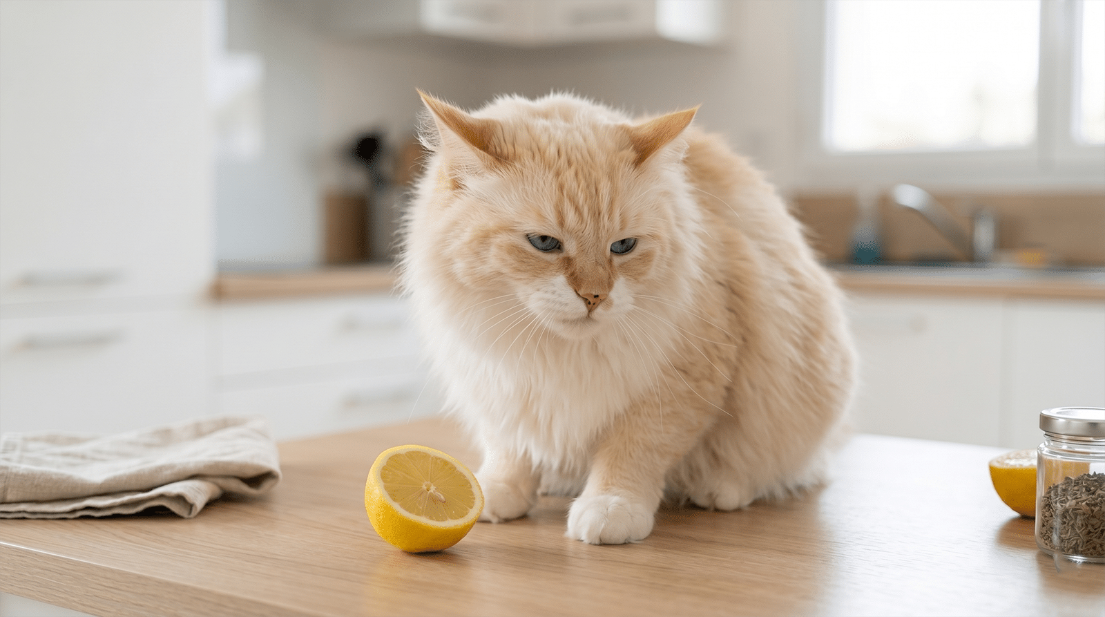 Odeurs que les chats détestent : chat tigré qui grimace face à un citron coupé en deux