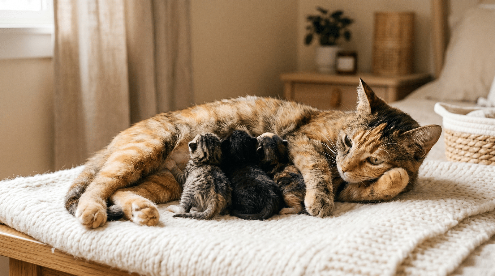 Chatte adulte tigrée ronronnant avec ses chatons nouveau-nés, pourquoi un chat ronronne dès la naissance