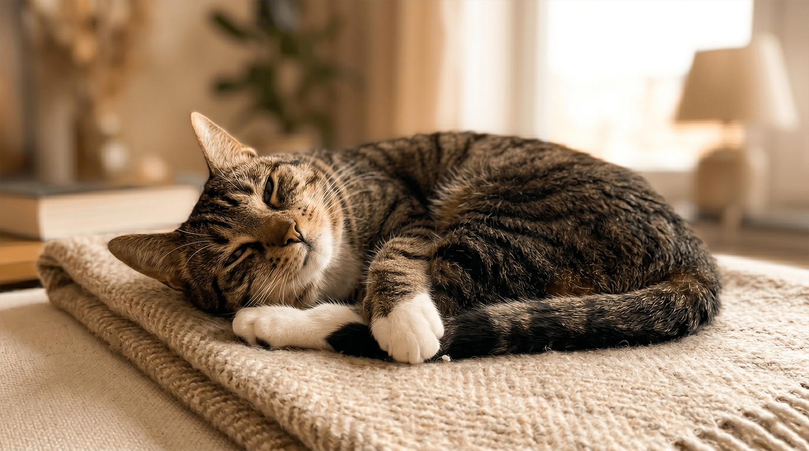 Chat tigré détendu en train de ronronner sur un plaid : pourquoi un chat ronronne et auto-guérison