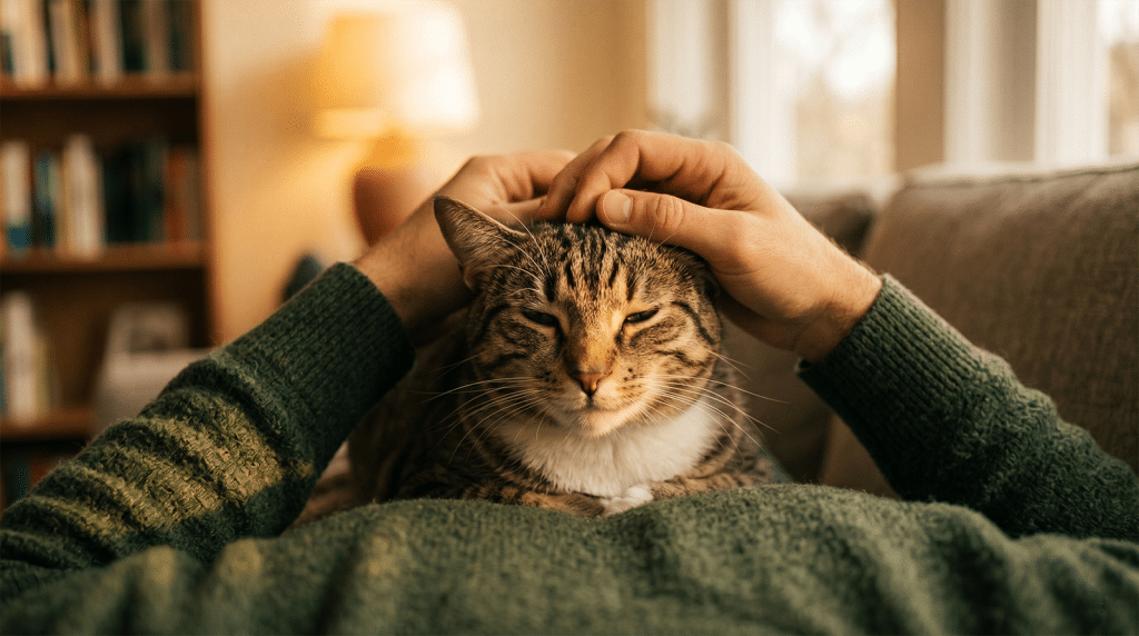 Pourquoi un chat ronronne : chat tigré paisible allongé sur le torse de son humain