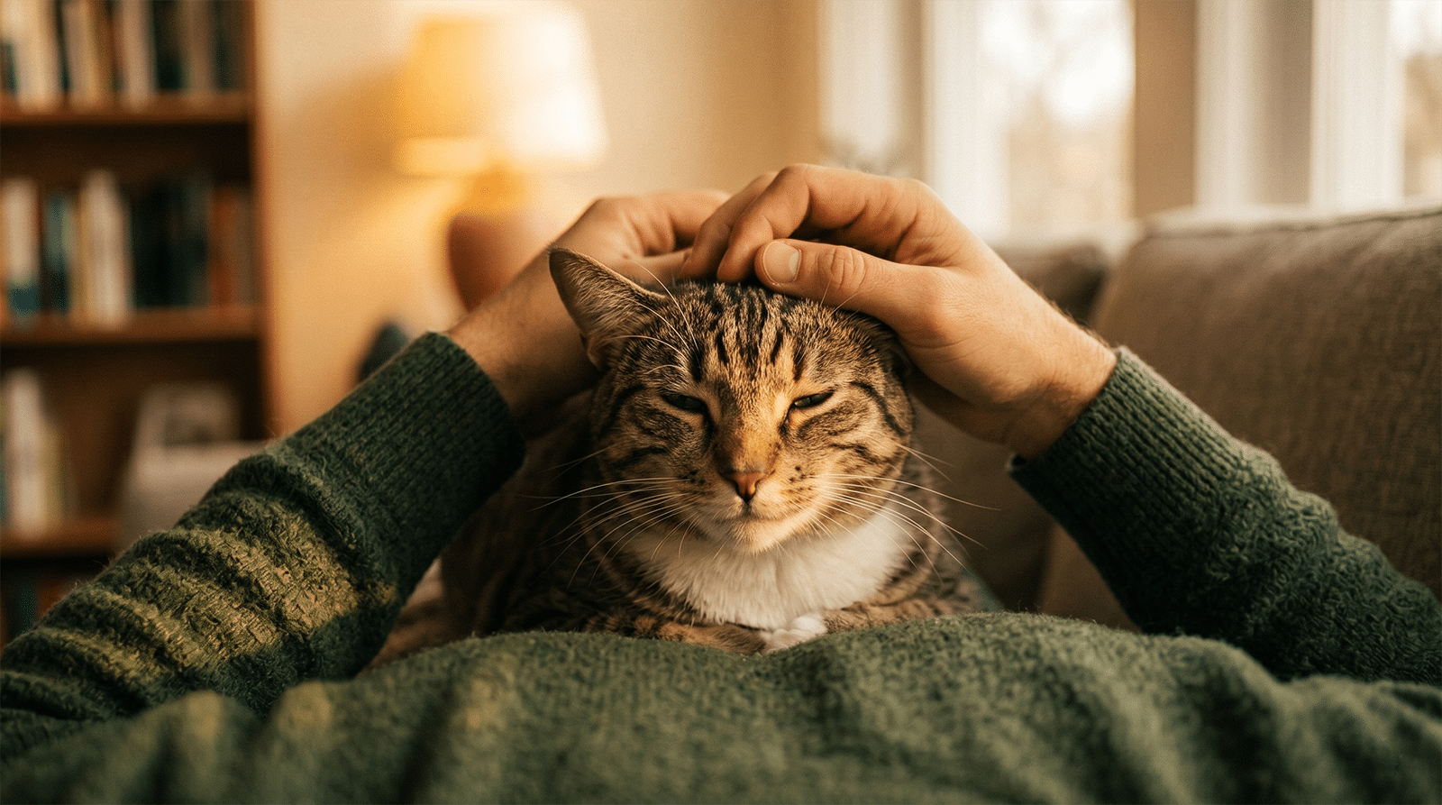 Pourquoi un chat ronronne : chat tigré paisible allongé sur le torse de son humain