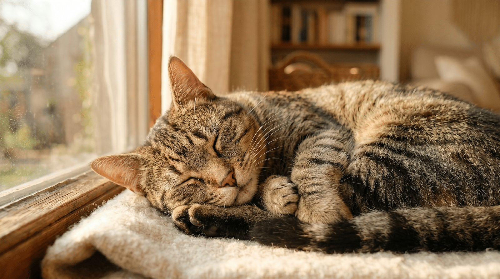 Chat en phase de sommeil profond paradoxal, museau totalement détendu et pattes recroquevillées