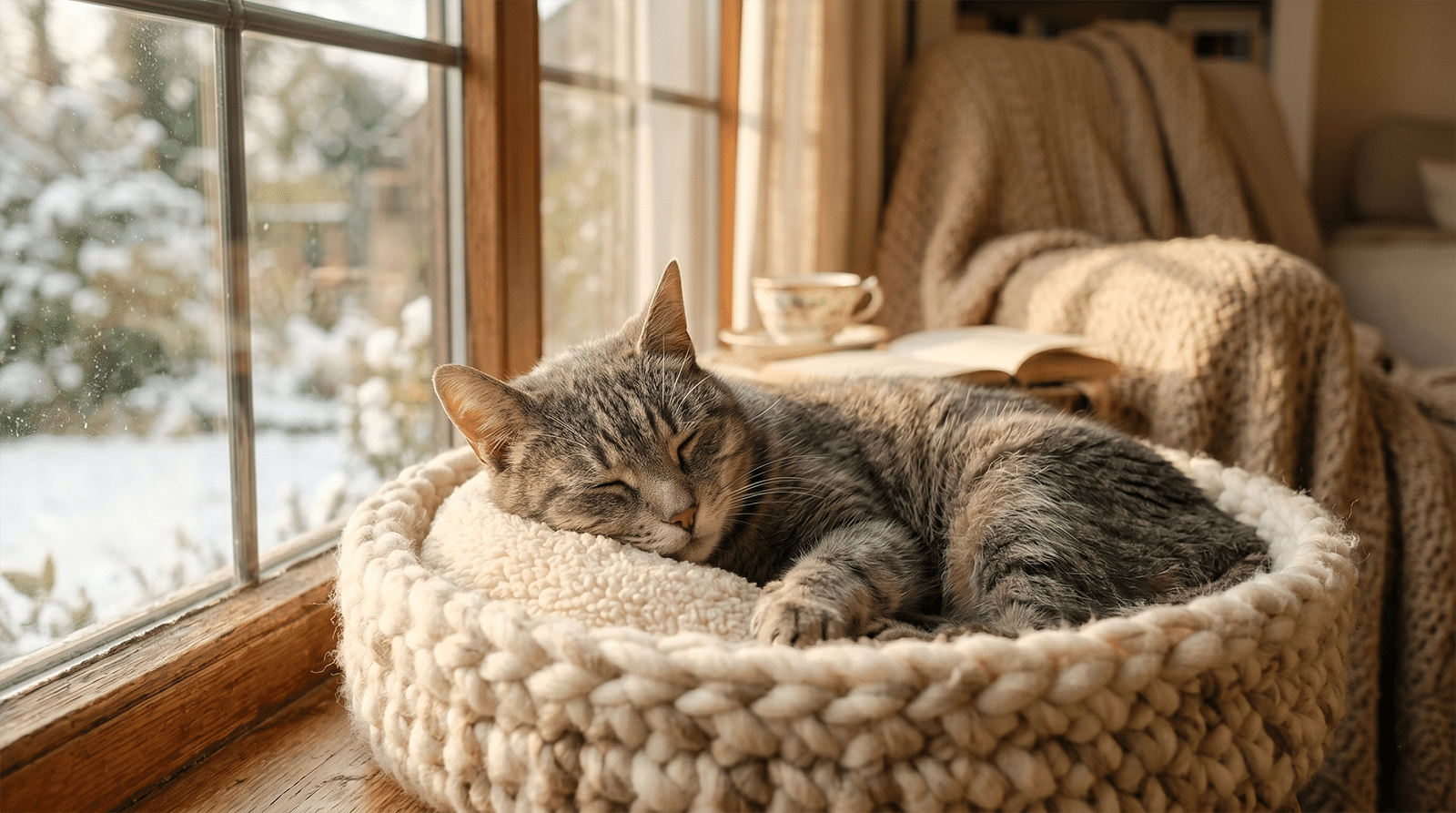Chat senior tigré assoupi paisiblement dans un panier confortable près d'une fenêtre